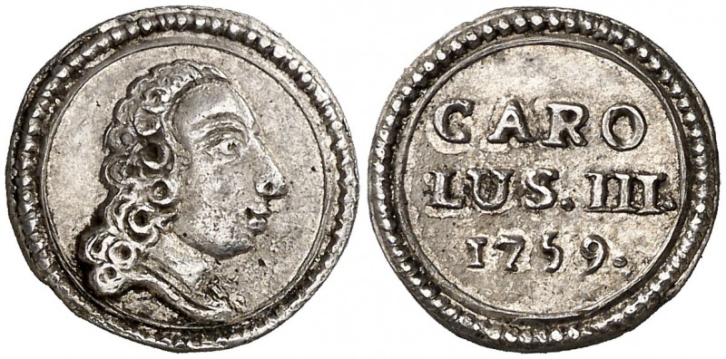1759. Carlos III. Girona. Proclamación Módulo 1/2 real. (Ha 15). 1,76 g. Plata f...