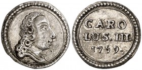 1759. Carlos III. Girona. Proclamación Módulo 1/2 real. (Ha 15). 1,76 g. Plata fundida. 15 mm. Rara. MBC+.