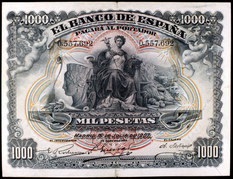 1907. 1000 pesetas. (Ed. B106). 15 de julio. Lavado. Raro. (MBC).