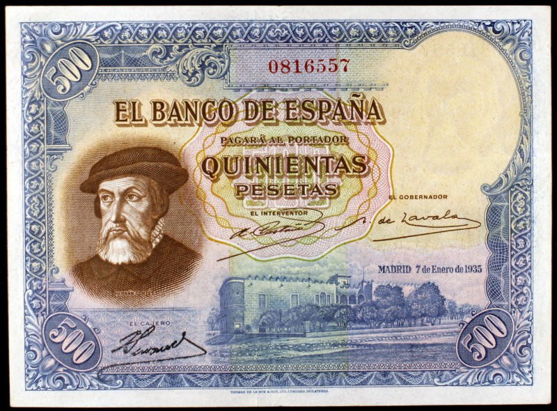 1935. 500 pesetas. (Ed. C16). 7 de enero, Hernán Cortés. Doblez central, pero bu...
