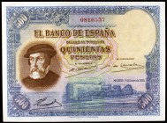 1935. 500 pesetas. (Ed. C16). 7 de enero, Hernán Cortés. Doblez central, pero buen ejemplar con apresto. Raro. MBC+.