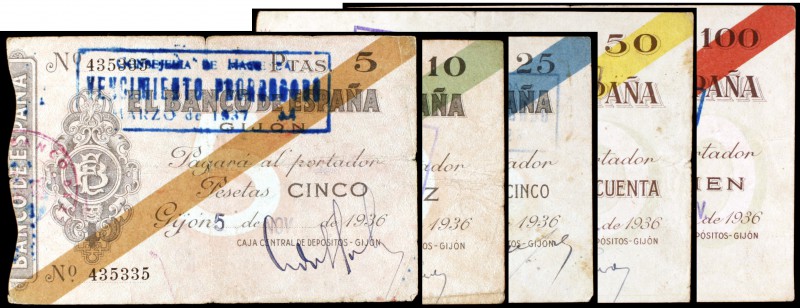 1936. Gijón. 5, 10, 25, 50 y 100 pesetas. (Ed. C31 a C35). 5 de noviembre. Serie...