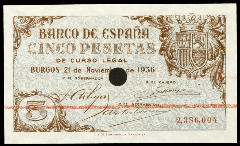 1936. Burgos. 5 pesetas. (Ed. D18n). 21 de noviembre. Pareja correlativa. Un tal...