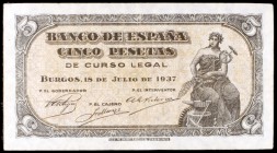 1937. Burgos. 5 pesetas. (Ed. D25a). 18 de julio. Serie B. Escaso. EBC-.