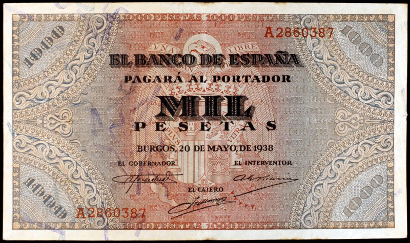 1938. Burgos. 1000 pesetas. (Ed. D35). 20 de mayo. Dobleces, pero con apresto. R...