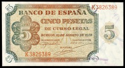 1938. Burgos. 5 pesetas. (Ed. D36a). 10 de agosto. Serie K. S/C-.