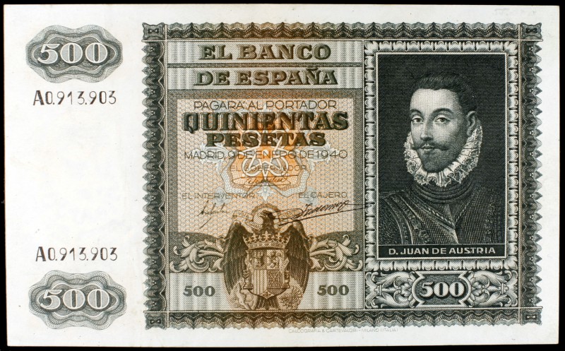 1940. 500 pesetas. (Ed. D40). 9 de enero, D. Juan de Austria. Lavado. Raro. (MBC...