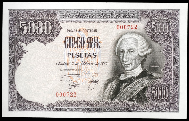 1976. 5000 pesetas. (Ed. E1). 6 de febrero, Carlos III. Sin serie, nº 000722. Do...