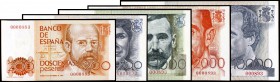1979 a 1985. 200, 500, 1000, 2000 y 10000 pesetas. Conjunto de 5 billetes, Clarín, Rosalía de Castro, Pérez Galdós, Juan Ramón Jiménez y Juan Carlos I...