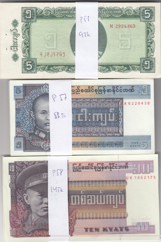 Burma 5,10 Kyats 1965-73 (76)
UNC Pick 53,57,58.