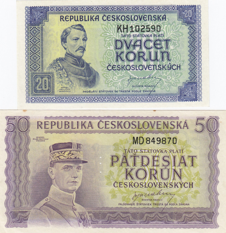 Czehoslovakia 20 & 50 Korun 1945 specimens (2)
UNC Pick 61s. 62s.