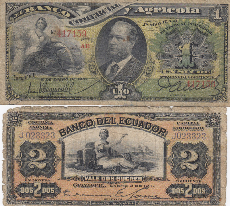 Ecuador 1 Sucre 1916 & 2 Sucres 1911 (2)
Various Pick S126b, 157a.