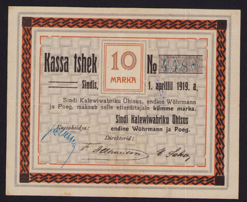 Estonia Sindi cloth mill 10 Marka 1919 local note
VF. Karu TK 156. Väga haruldan...