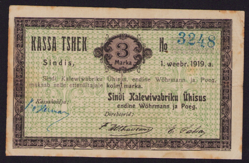 Estonia Sindi cloth mill 3 Marka 1919 local note
VF. Karu TK 155. Haruldane!!