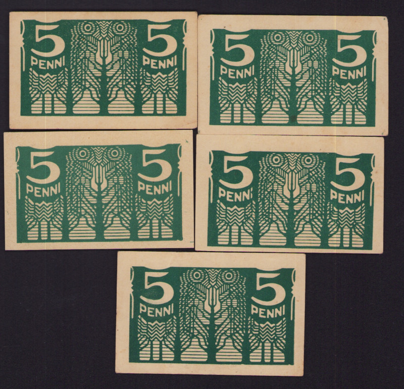 Lot of paper money: Estonia 5 penni (5)
Various condition. Sold as is, no return...