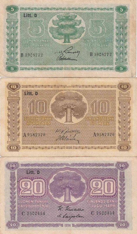 Finland 5,10,20 Markka 1939 litt D
VF Pick 69-71.