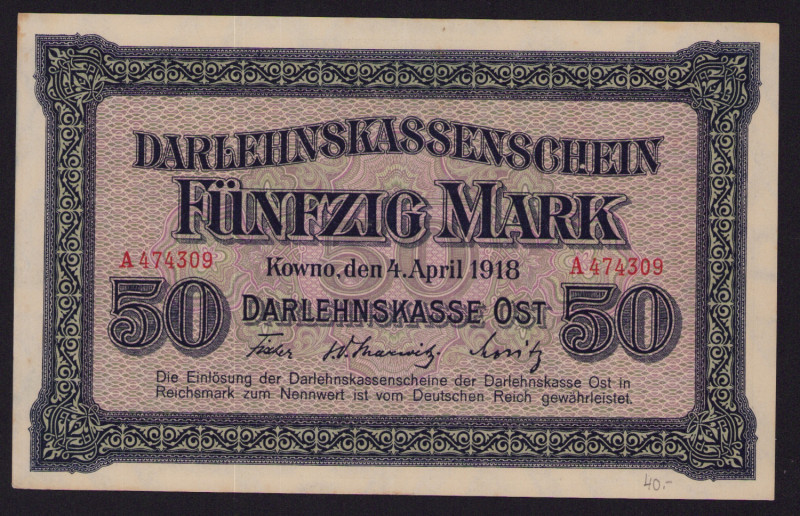 Germany, Lithuania, Kowno (Kaunas) 50 Mark 1918
XF+. Sold as is, no returns.