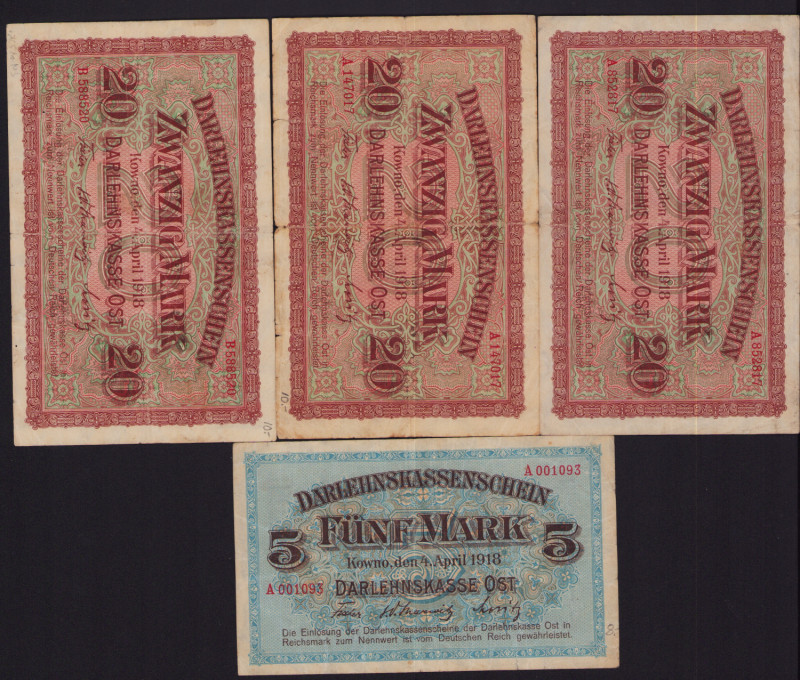 Lot of paper money: Germany, Lithuania, Kowno (Kaunas) 20 & 5 Mark 1918 (4)
Vari...