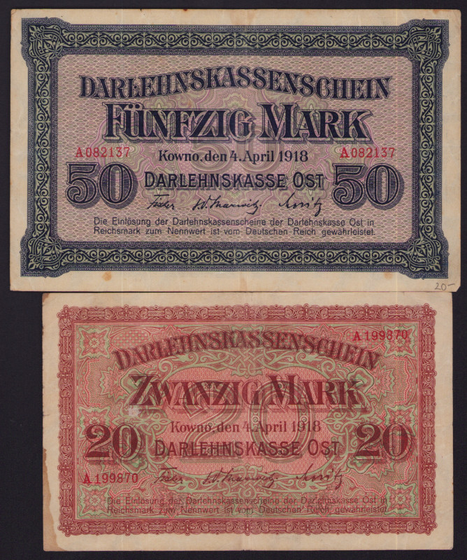 Lot of paper money: Germany, Lithuania, Kowno (Kaunas) 50 & 20 Mark 1918 (2)
Var...