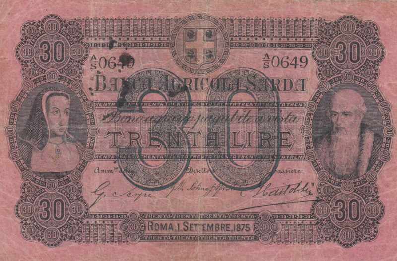 Italy 30 Lire 1875 Banca Agricola
F