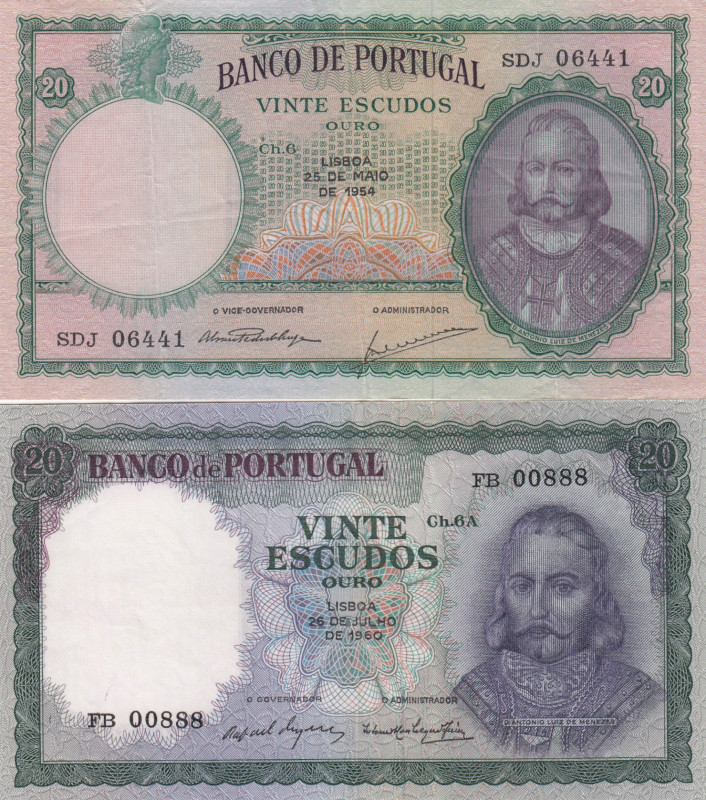 Portugal 20 Escudos 1954 & 1960 (2)
VF Pick 153, 163