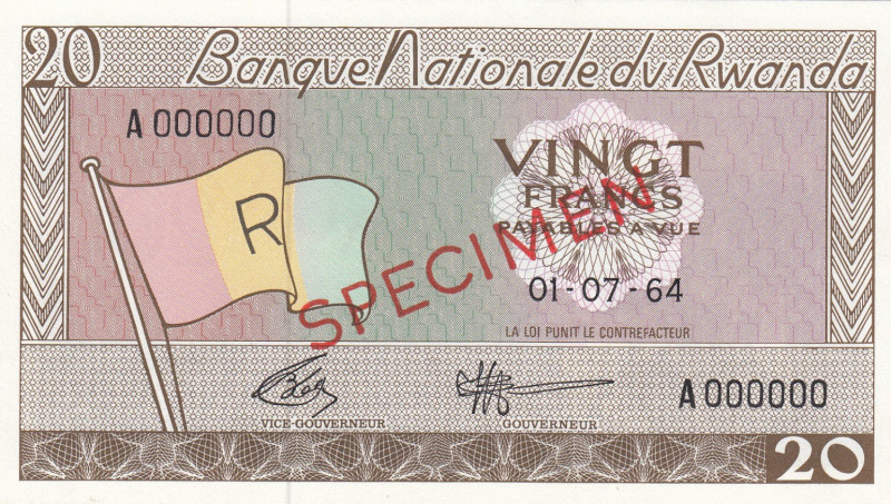 Rwanda 20 Francs 1964 specimen
UNC Pick 6s