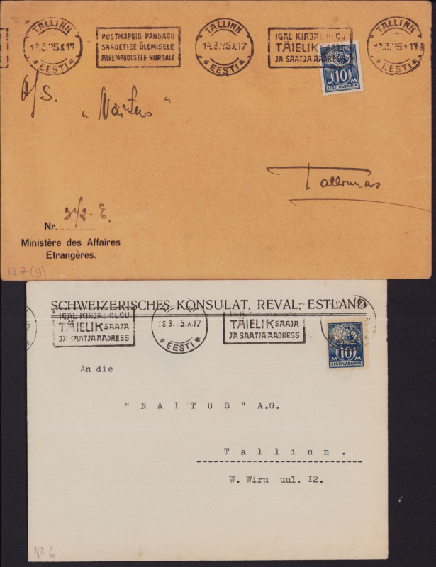 Estonia Group of Envelopes 1925 - Tallinn (2)
Sold as seen, no return. With: On ...