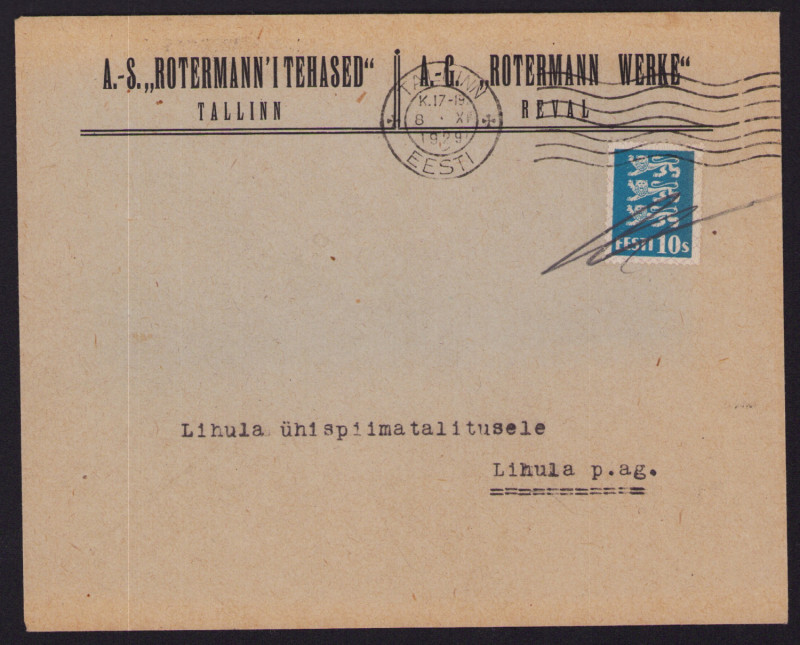 Estonia Tallinn - Lihula envelope 1929
A/S Rotermanni tehased, Lihula ühispiimat...