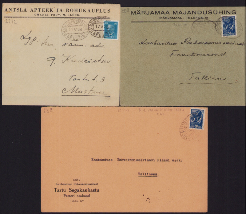 Estonia Group of Envelopes 1938-1941 - Valga-Petseri-Tartu & Virtsu-Rapla Postva...