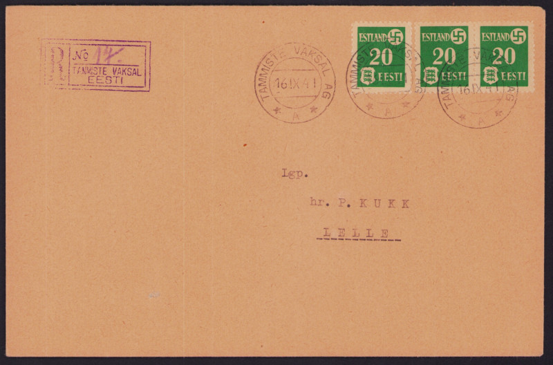 Estonia German Occupation II World War envelope Tammiste - Lelle 1941
With stamp...