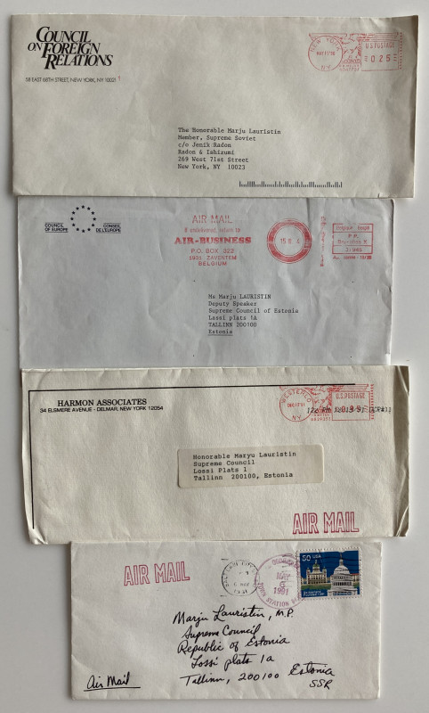 Estonia envelopes - letter envelopes for Mrs. Marju Lauristin 1990-1991 (4)
Sold...