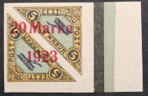 Estonia air mail stamp with 20 Marka 1923 overprint on 5 Marka (1.25mm between 0 & M)
Sold as seen, no return. MiNo. 44. Signed. Older signature, Uno ...