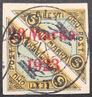 Estonia air mail stamp with 20 Marka 1923 overprint on 5 Marka (1.25mm between 0 & M)
Sold as seen, no return. MiNo. 44. Signed. Rare!