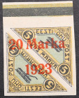 Estonia air mail stamp with 20 Marka 1923 overprint on 5 Marka (1.75mm between 0 & M)
Sold as seen, no return. MiNo. 44. Signed Uno Saidla and Kalev K...