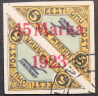 Estonia air mail stamp with 45 Marka 1923 overprint on 5 Marka (1.25mm between 5 & M)
Sold as seen, no return. MiNo. 45. Signed with older signature a...