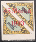 Estonia air mail stamp with 45 Marka 1923 overprint on 5 Marka (1.75mm between 5 & M)
Sold as seen, no return. MiNo. 45. Signed Ewald Eichenthal, Kale...
