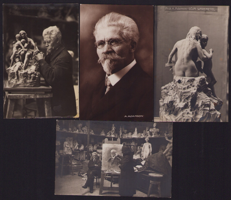 Estonia Group of postcards - A. Adamson portrait & in his studio, Sõja waremetel...