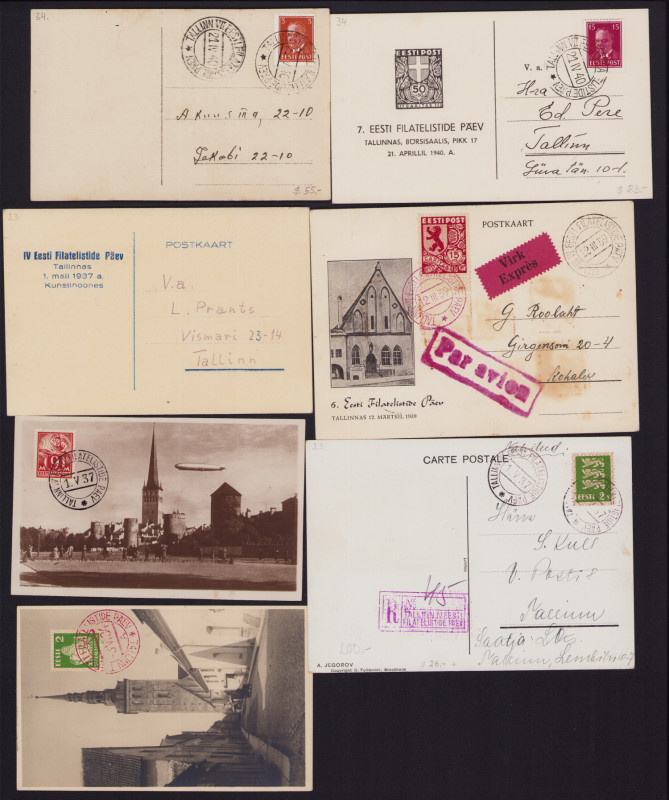 Estonia Group of postcards - Tallinn Filatelistide Päev I, IV, VI, VII 1934-1940...