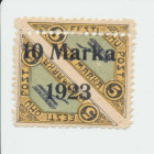 Estonia air mail stamp with 10 Marka 1923 overprint on 5 Marka - Error
Sold as seen, no return. MiNo. 43A. Additional misplaced perforation row thru t...