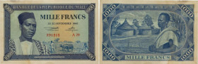 Country : MALI 
Face Value : 1000 Francs 
Date : 22 septembre 1960 
Period/Province/Bank : Banque de la République du Mali 
Catalogue reference : ...