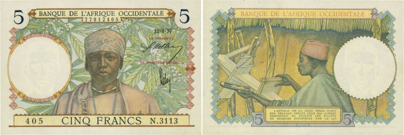 Country : FRENCH WEST AFRICA (1895-1958) 
Face Value : 5 Francs 
Date : 12 aoû...
