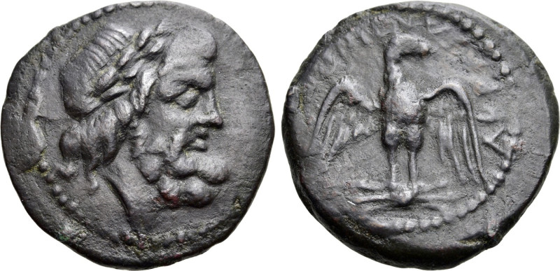 SICILY. Akragas. Ae (213-210 BC). 

Obv: Laureate head of Zeus right.
Rev: AK...