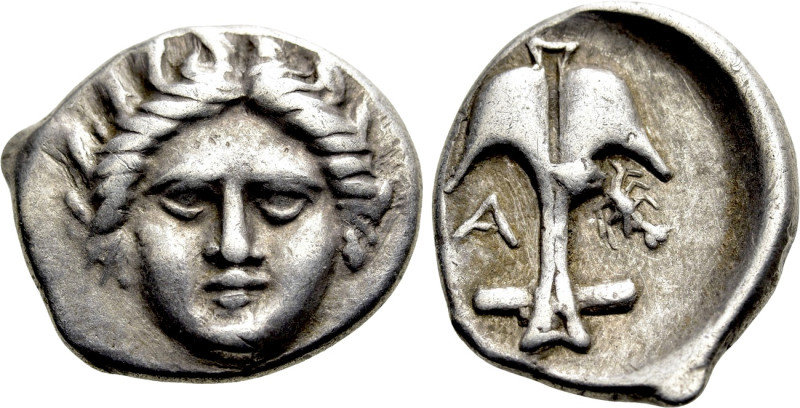 THRACE. Apollonia Pontika. Diobol (Circa 375-335 BC). 

Obv: Facing laureate h...