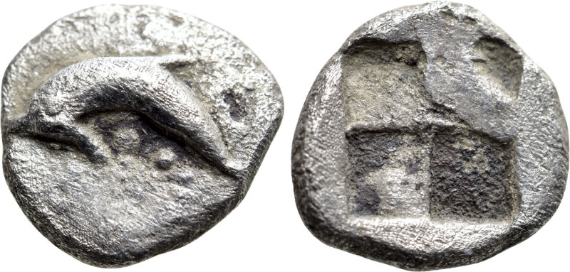THRACE. Thasos. Hemiobol (Circa 435-411 BC). 

Obv: Dolphin swimming left; pel...