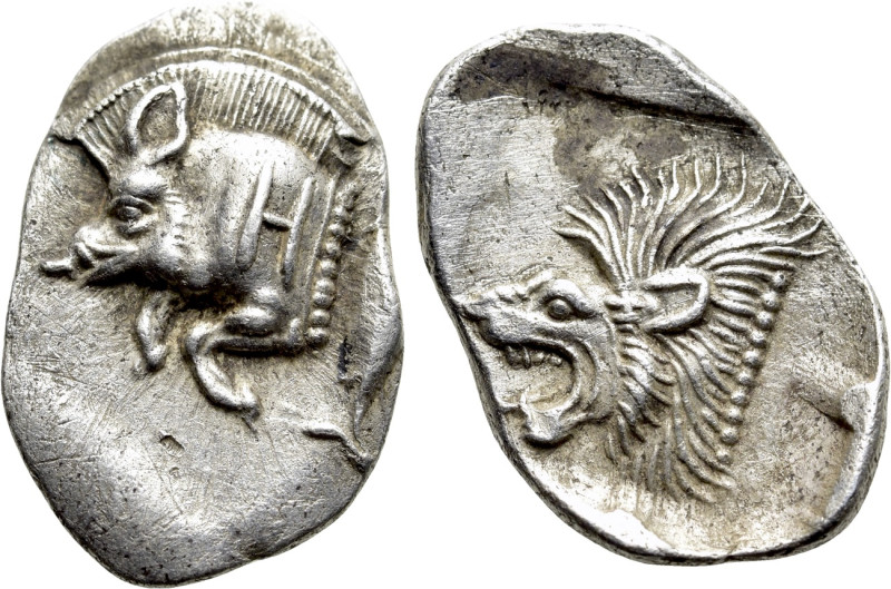 MYSIA. Kyzikos. Hemiobol (Circa 450-400 BC).

Obv: Forepart of boar left; H on...