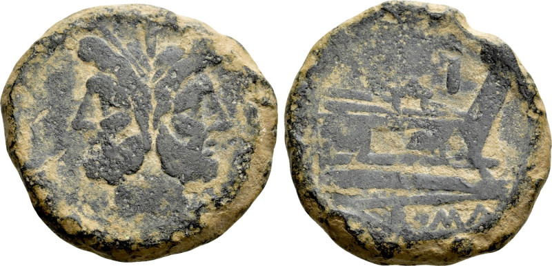ANONYMOUS. As (169-158 BC). Rome. 

Obv: Laureate head of bearded Janus; I (ma...