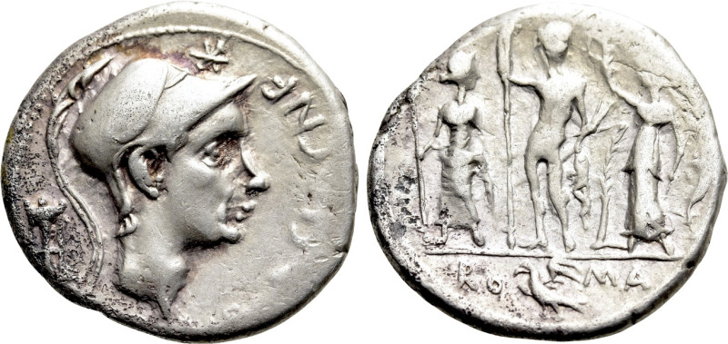 CN. BLASIO CN. F. Denarius (112-111 BC). Rome. 

Obv: CN BLASIO CN F. 
Helmet...