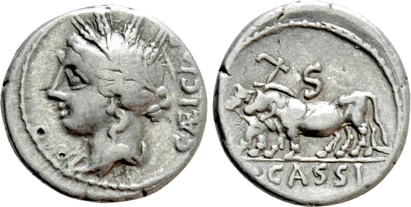 L. CASSIUS CAECIANUS. Denarius (102 BC). Rome. 

Obv: CÆICIAN. 
Head of Ceres...