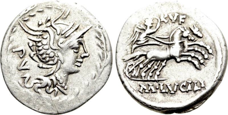 M. LUCILIUS RUFUS. Denarius. (101 BC). Rome. 

Obv: PV. 
Helmeted head of Rom...