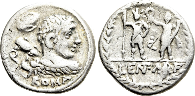 P. LENTULUS MARCELLINUS. Denarius (100 BC). Rome. 

Obv: ROMA. 
Bare-headed b...